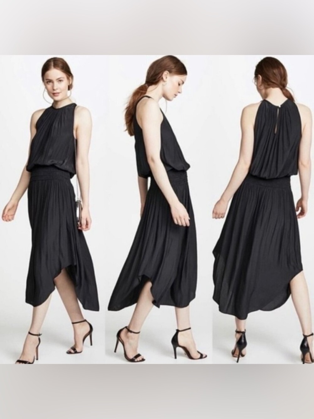 EUC RAMY BROOK Audrey Sleeveless Blouson Midi Dress Black SZ L Retails $425 Cute